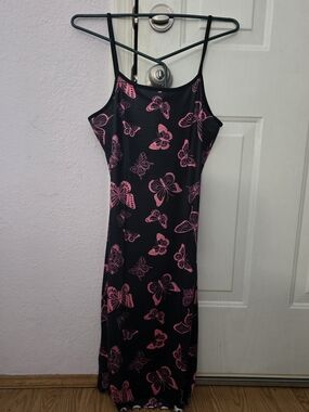 New Sm.  Black Midi Maxi Dress with Pink Butterfly Print